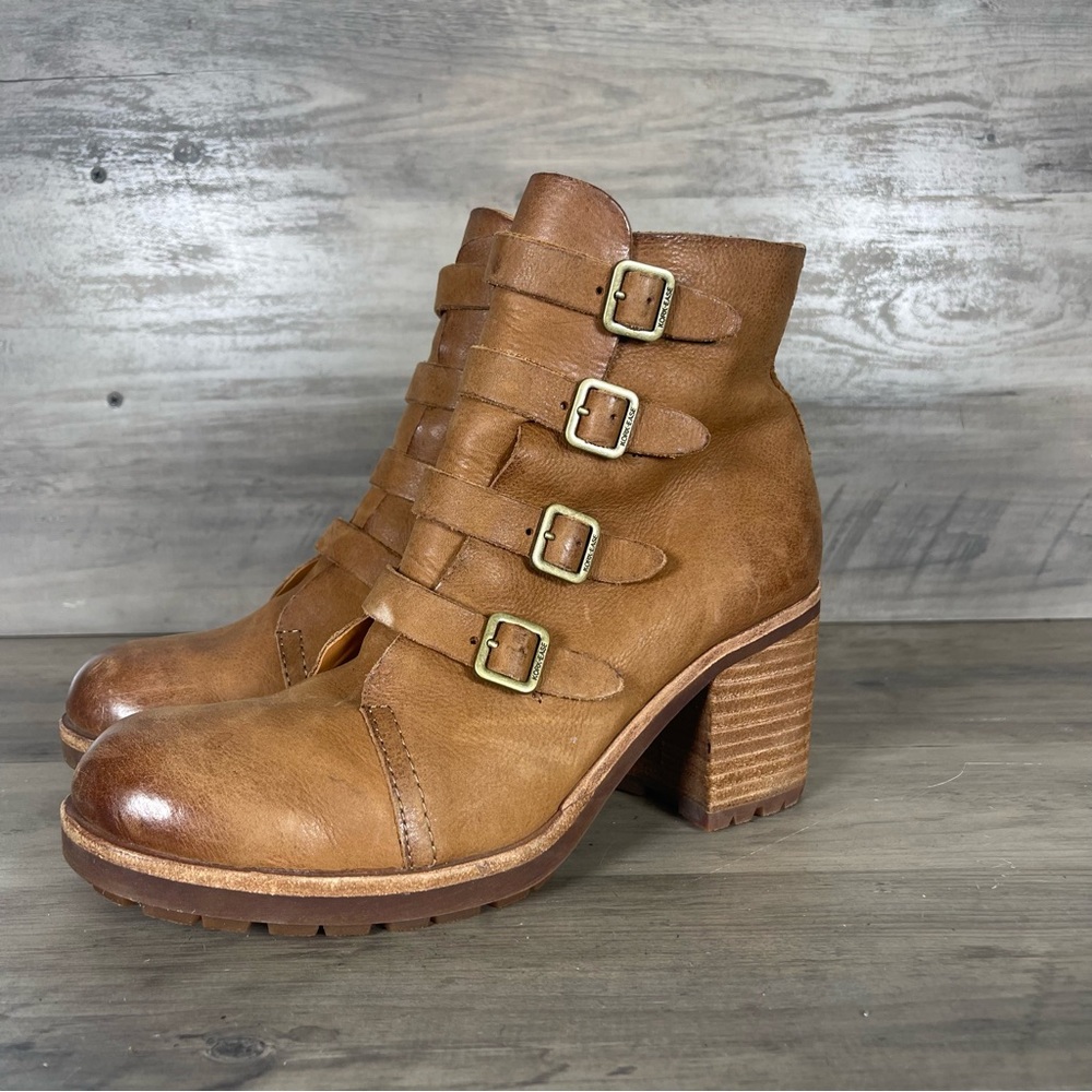 Kork Ease Dee Womens 6.5 Tan Leather Block Heel Strappy Ankle Boots 90s Y2K Boho
